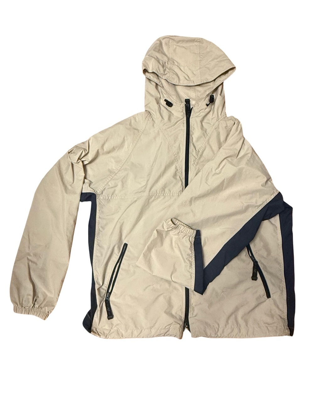 North End Men's Hooded Windbreaker Jacket - Beige with Navy Accents